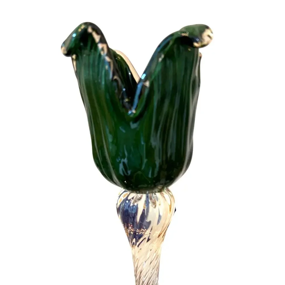 Italian Hand Blown Murano Art Glass Green Tulip Candle Holder Amber Stem 13